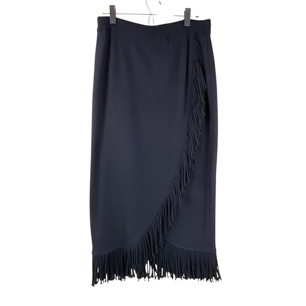 Vintage Black Fringed Midi Skirt Size 12 Wool Blend Sweater Knit Wrap